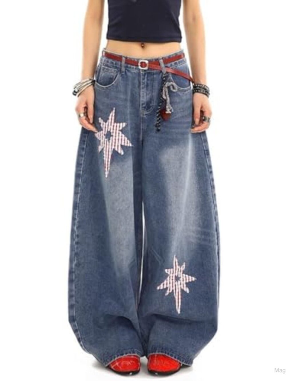 Baggy Barrel Jeans Women Low Rise Star Patchwork Cotton Blend Y2K Pants